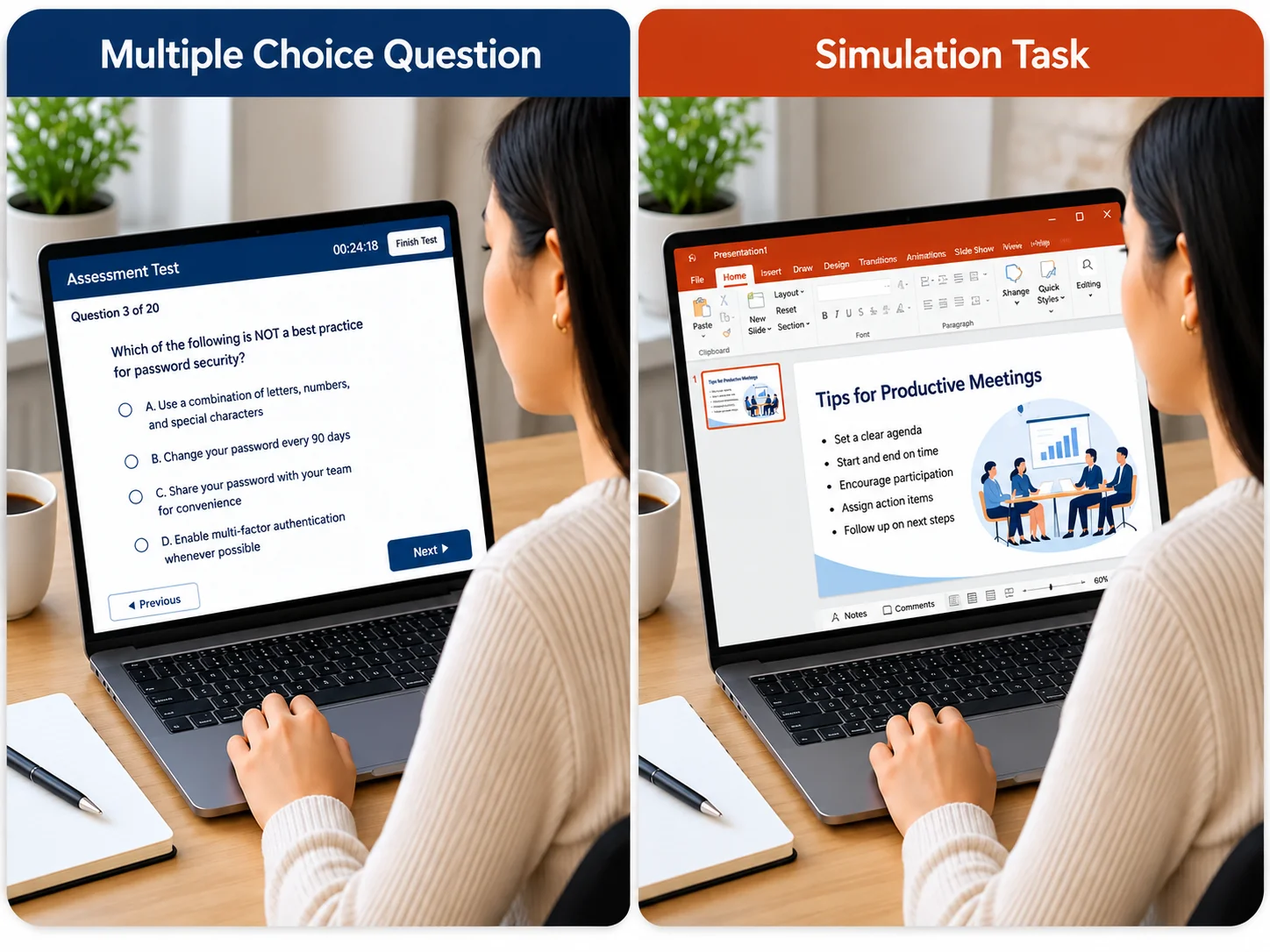 Multiple Choice Vs Simulation Task | EmployTest PowerPoint skills assessment using simulation tasks rather than multiple-choice questions for accurate pre-hire results.