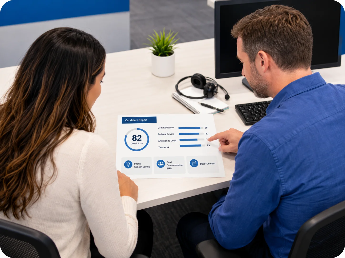 Professional Candidate Report Review | EmployTest Manager reviewing a Customer Care Simulation Assessment score report with a new employee