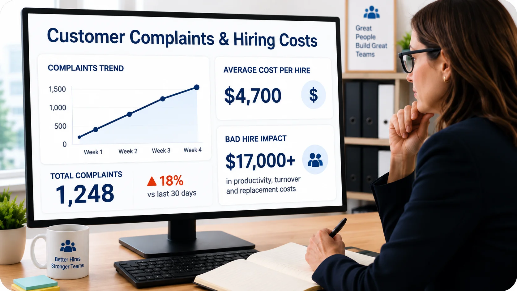 Professional Reviewing Hiring Dashboard | EmployTest Hiring manager reviewing the cost of a bad customer service hire