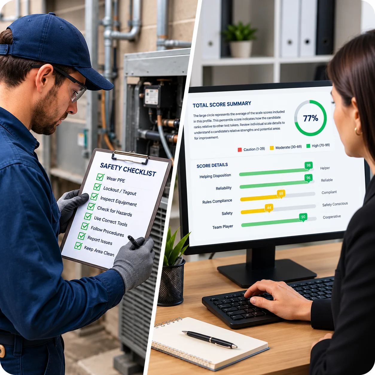 Safety Checklist And Score Dashboard | EmployTest HR manager reviewing a behavioral pre-hire safety and reliability test score report for a service technician candidate.