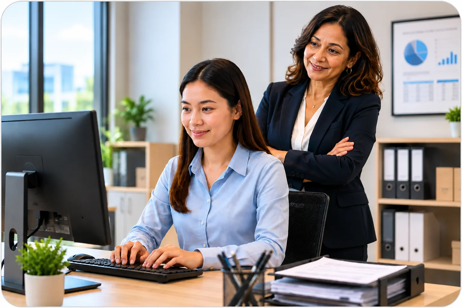 Edited Supportive Mentorship In The Modern Office | EmployTest Young office employee typing at a desktop computer while a middle-aged manager stands behind her smiling in a modern professional office setting.
