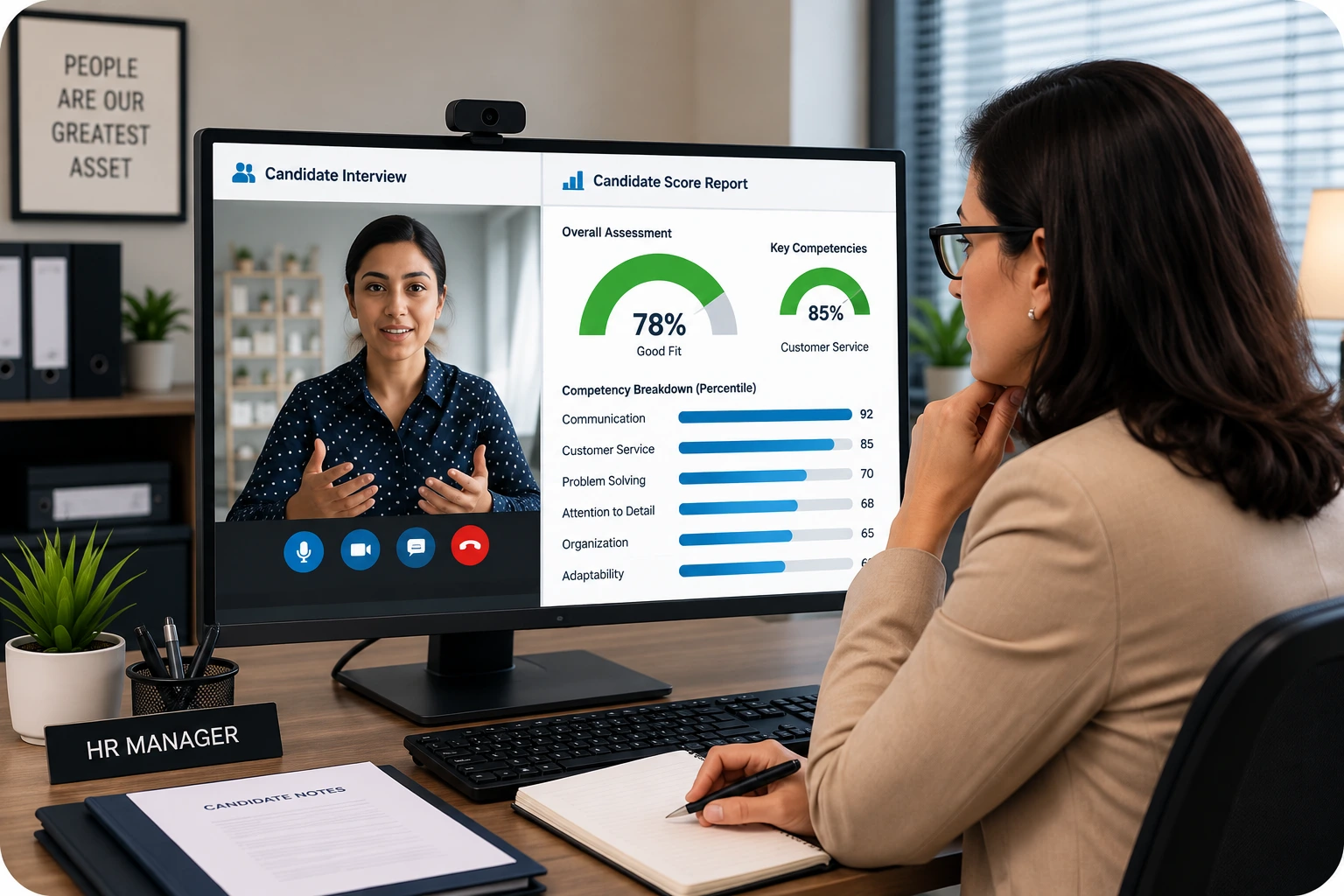 Thoughtful Hr Manager Reviewing Candidate Report | EmployTest HR manager comparing interview notes with pre-employment customer service skills assessment score report