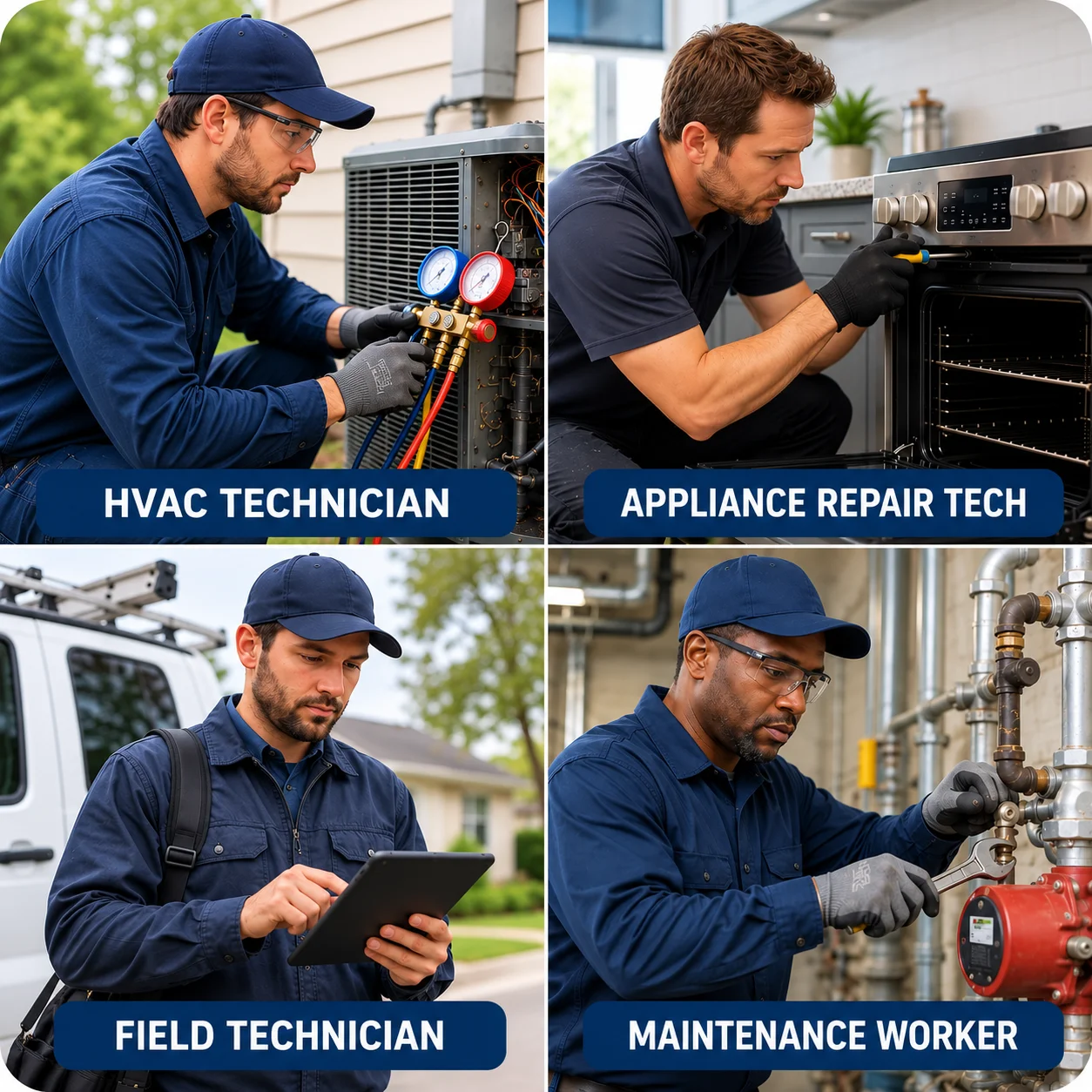 Trades And Technicians Quad Split | EmployTest Four service technician roles that benefit from a pre-hire behavioral skills assessment: HVAC, appliance repair, field service, and facilities maintenance.