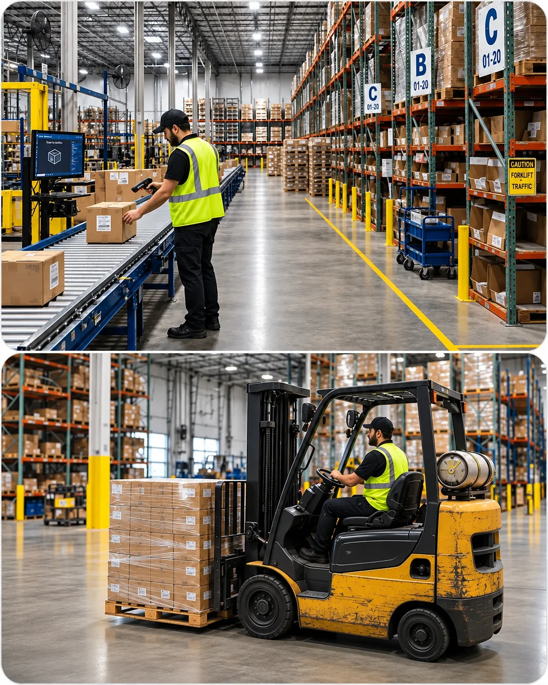 Warehouse Scanning And Forklift Operations | EmployTest Warehouse worker completing a picking and forklift operating task in a distribution center, representing the skills measured by the warehouse pre-employment test.