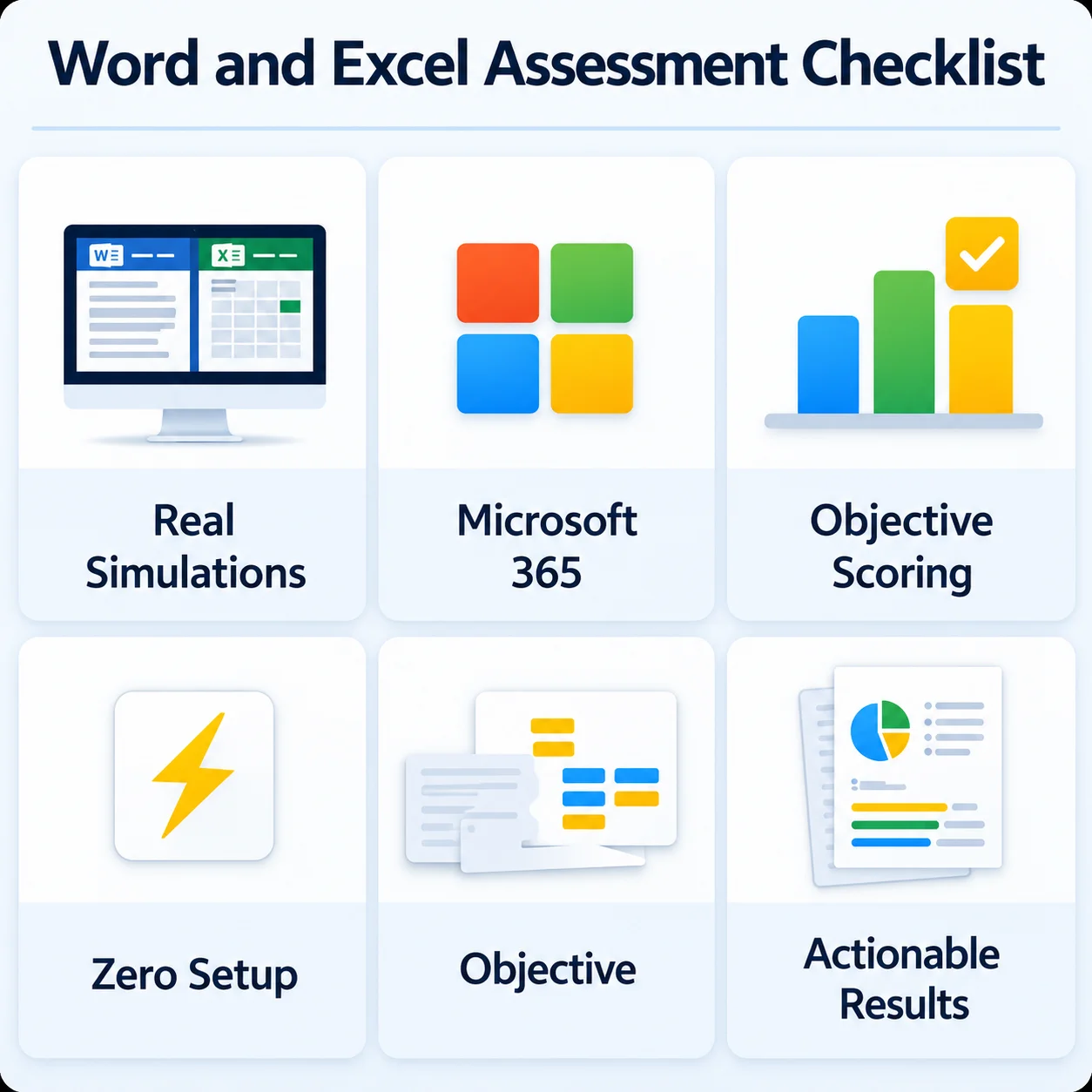 Word And Excel Assessment Checklist | EmployTest Checklist of features for a professional Word and Excel assessment test including simulations and objective scoring.
