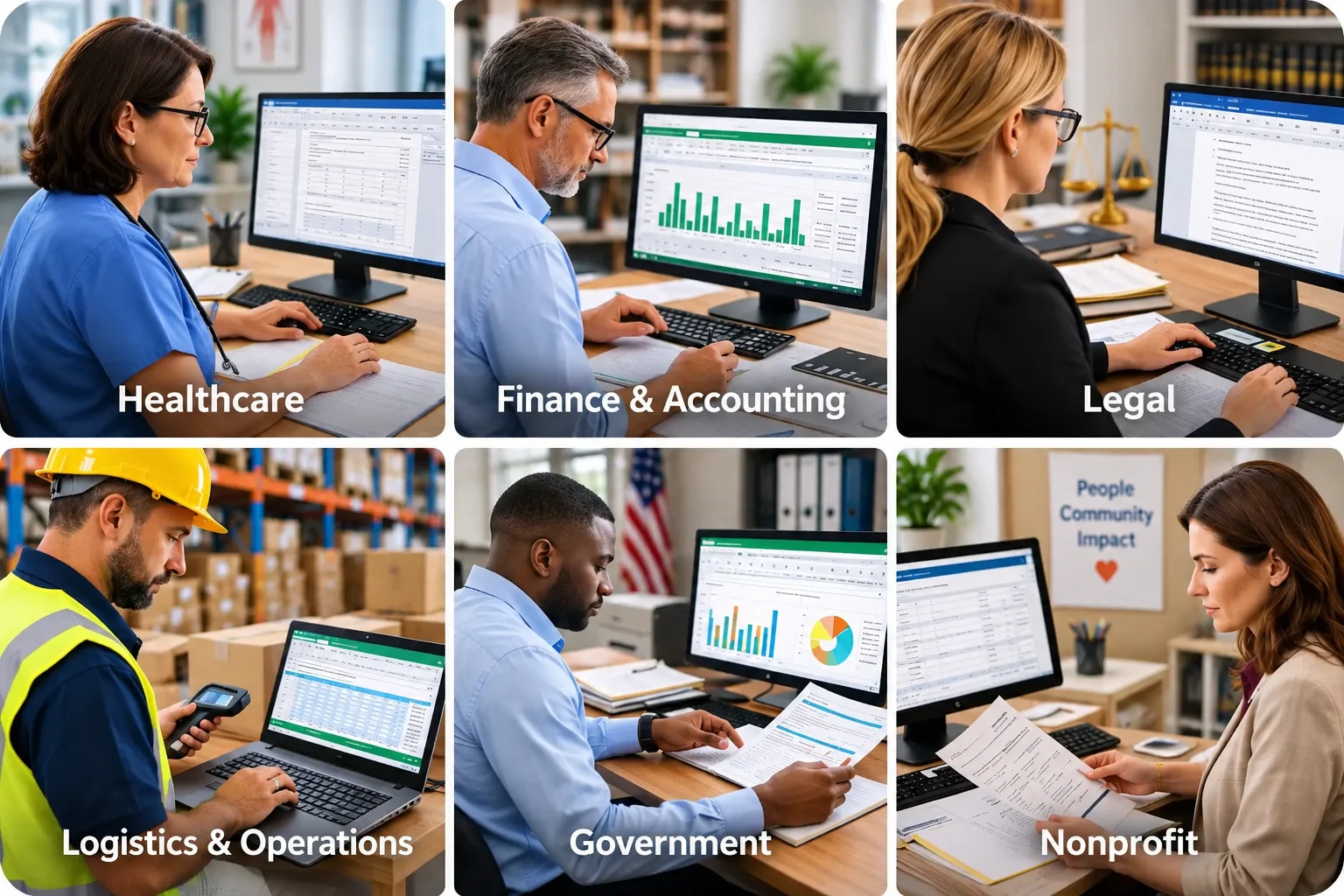 Workplace Sectors At A Glance | EmployTest Professionals in healthcare, finance, legal, and logistics using Word and Excel for daily work