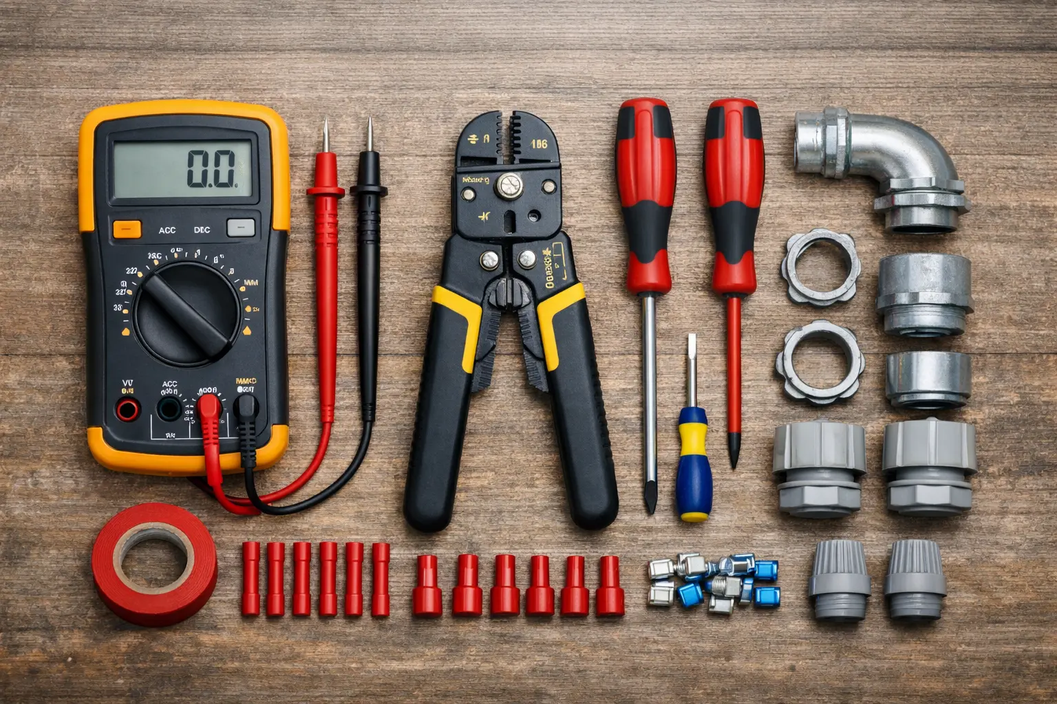 Electrical Tools Arranged On Wooden Surface Electrical trade tools including a multimeter, wire stripper, and conduit fittings laid out on a work surface