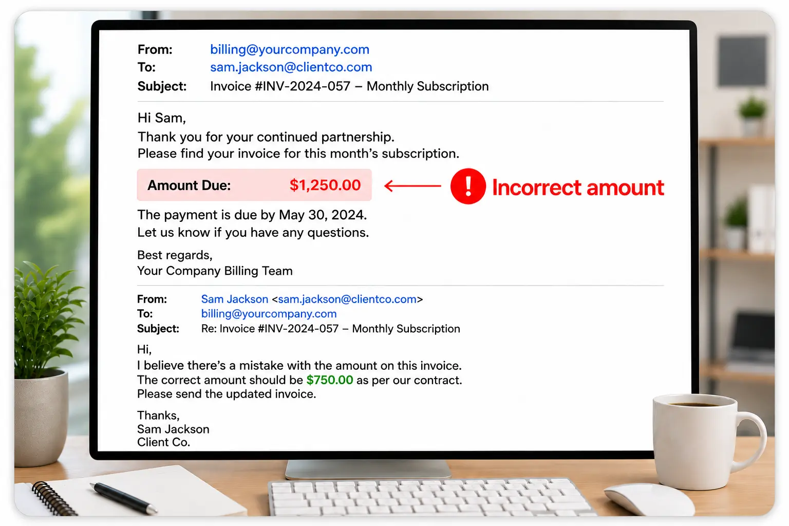 Email Invoice Discrepancy On Office Monitor | EmployTest Written accuracy errors in business communication that a proofreading test helps prevent