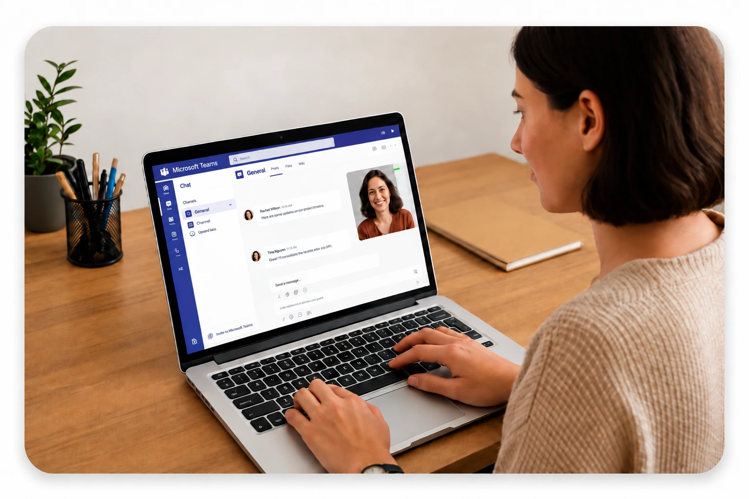 Employee Using Microsoft Team On Her Laptop | EmployTest Office Staff Using Microsoft Teams