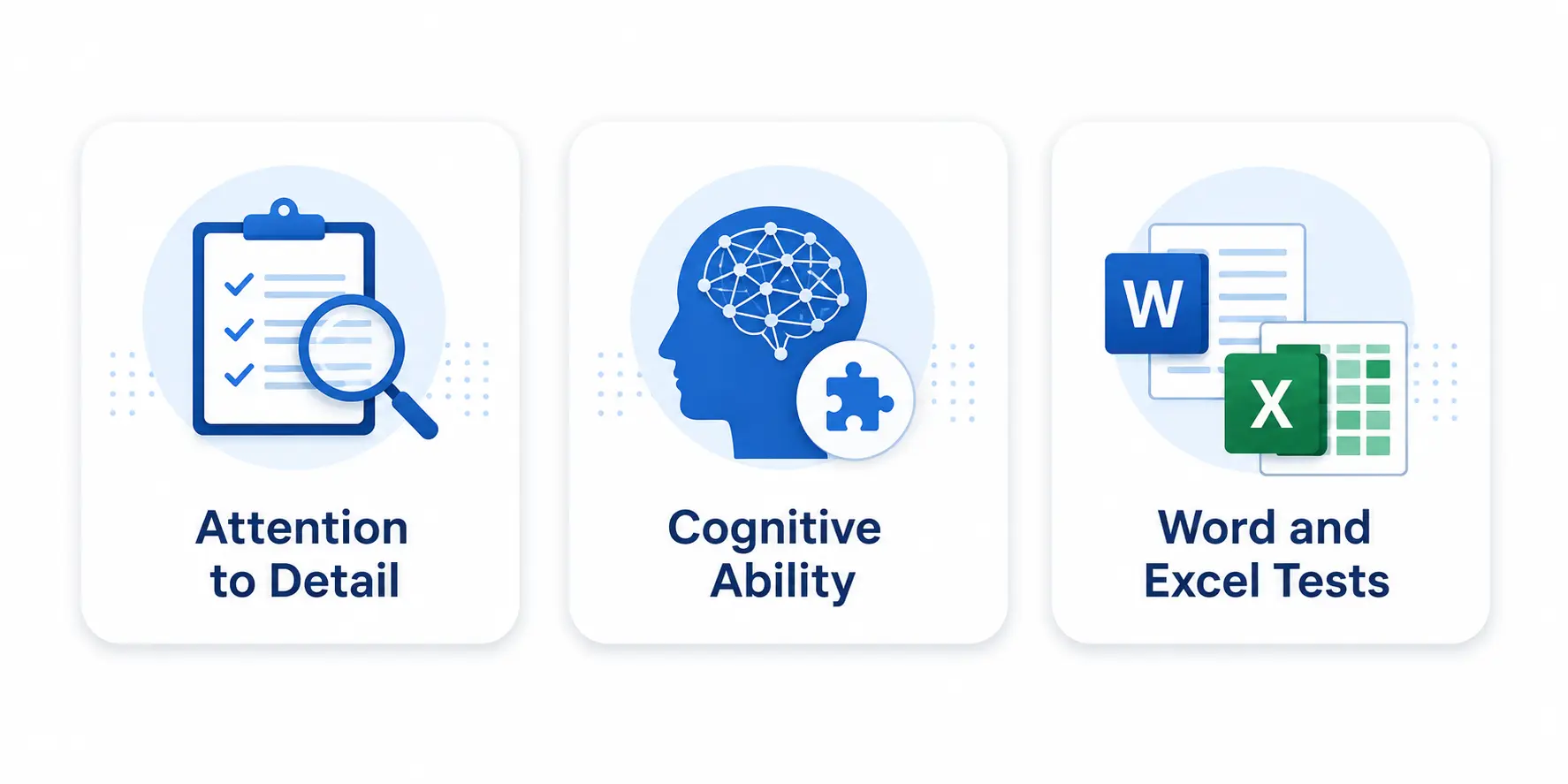 Focus Cognition And Office Skills Attention to Detail, Cognitive Ability, and Word and Excel test icons.