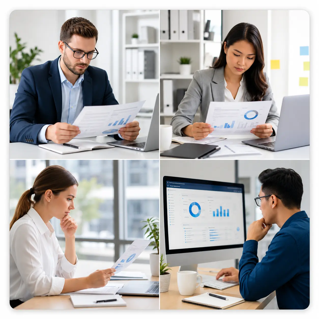 Focused Office Data Review Collage | EmployTest Job positions that benefit from a proofreading skills test during hiring