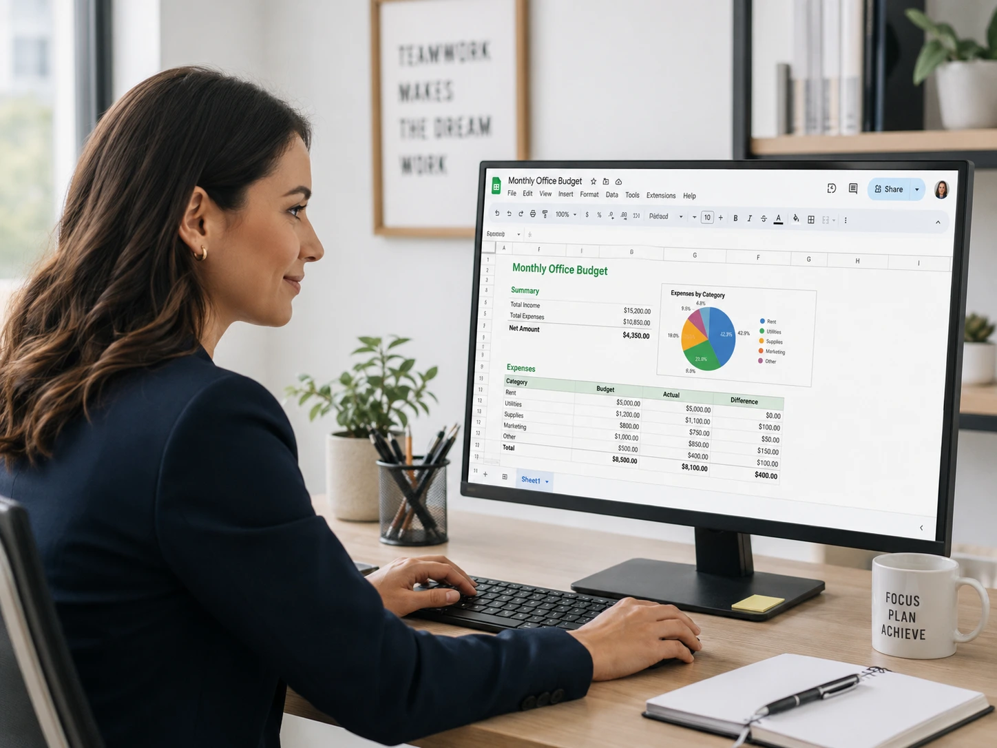 Focused Professional At Monthly Budget Dashboard Admin assistant using Google Docs at a desktop computer.