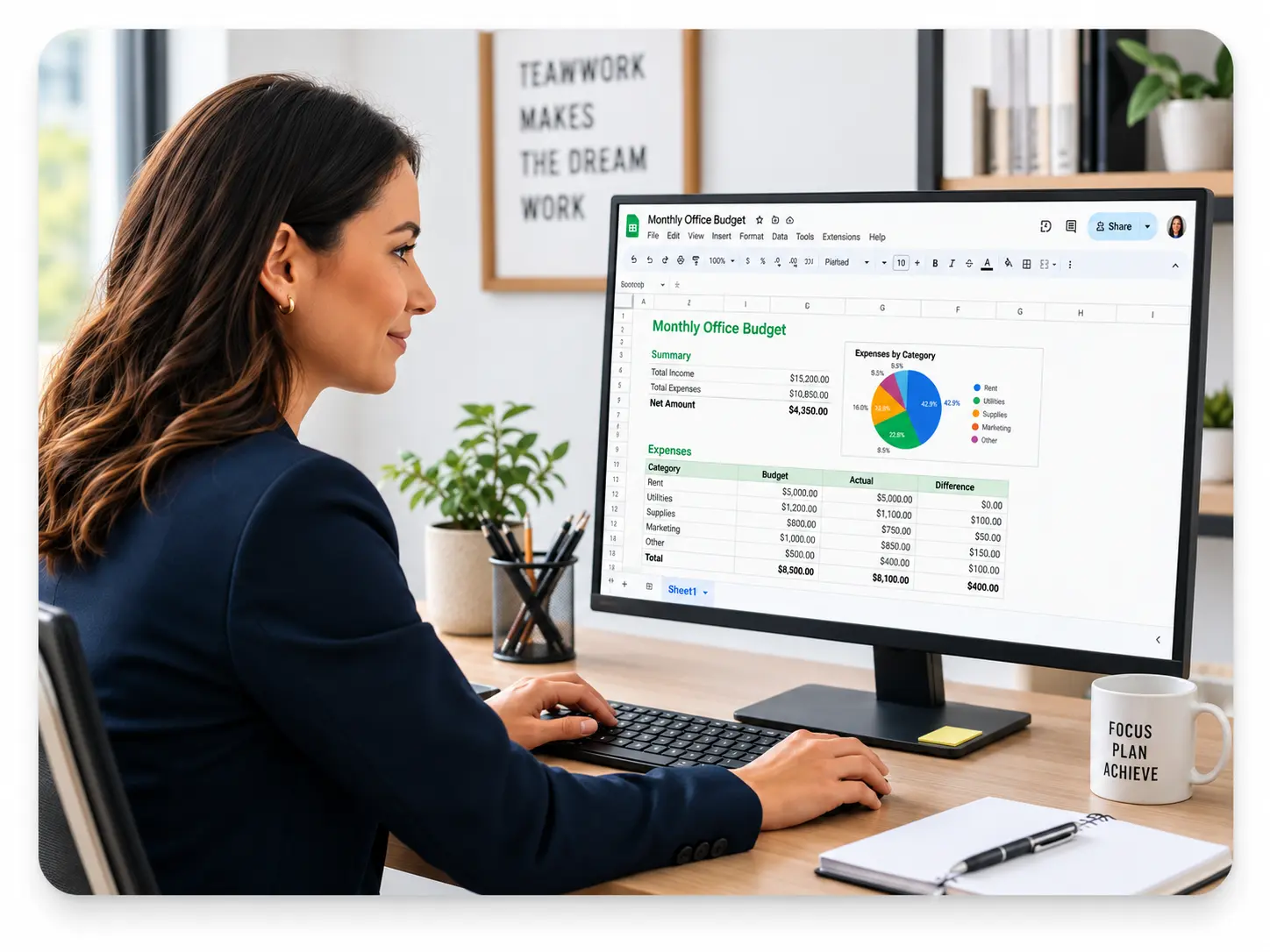 Focused Professional Checking Monthly Budget Dashboard | EmployTest Admin assistant using Google Docs at a desktop computer.