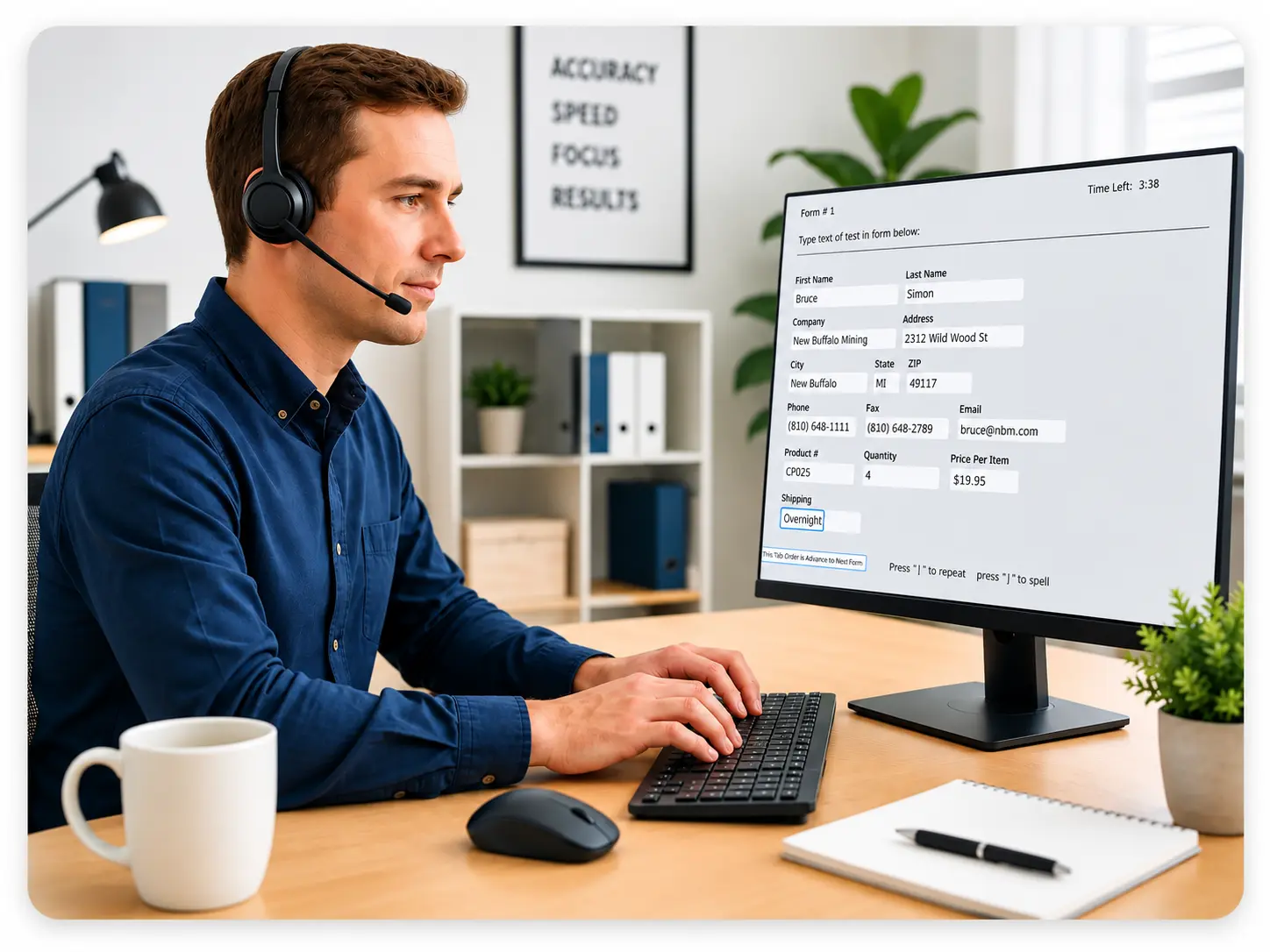 Focused Work From Home Setup | EmployTest Employee listening to an audio clip while completing a data entry test