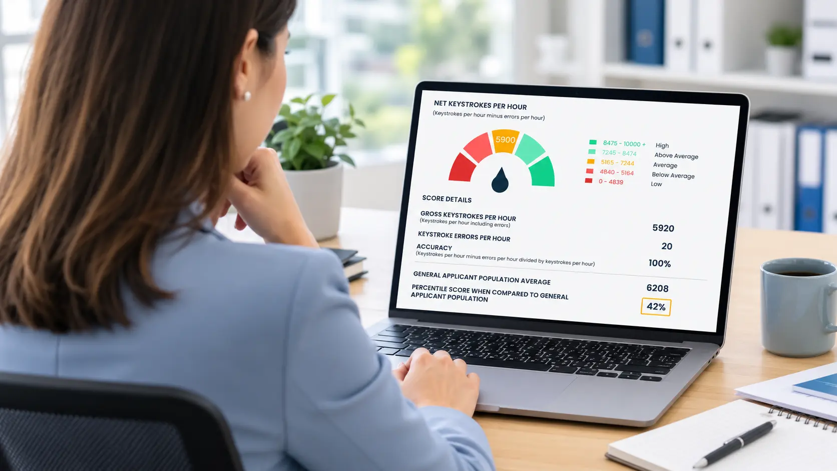 Focused Analyst In A Modern Office HR manager reviewing candidate data entry accuracy results.