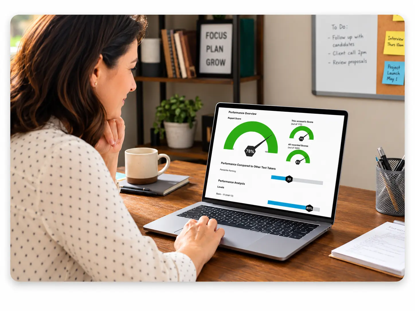 Focused Productivity In A Cozy Office | EmployTest Small business owner reviewing pre-employment test results on a laptop.