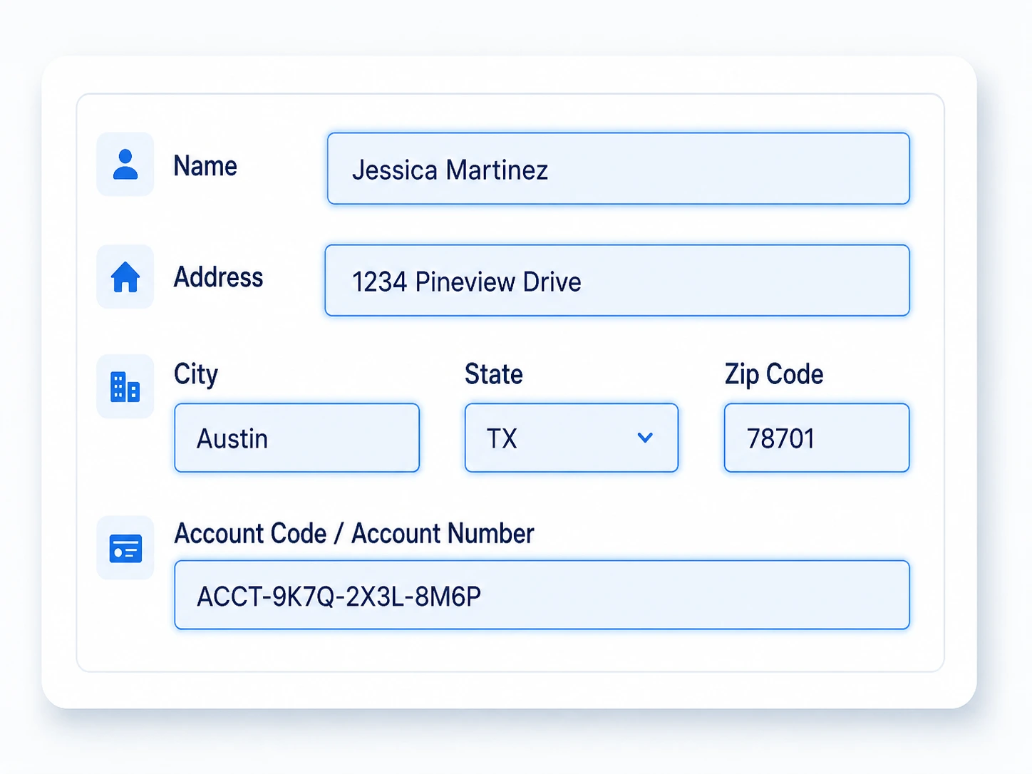 Form Data Entry Dashboard Alphanumeric data entry test fields covering names, addresses, and account codes.