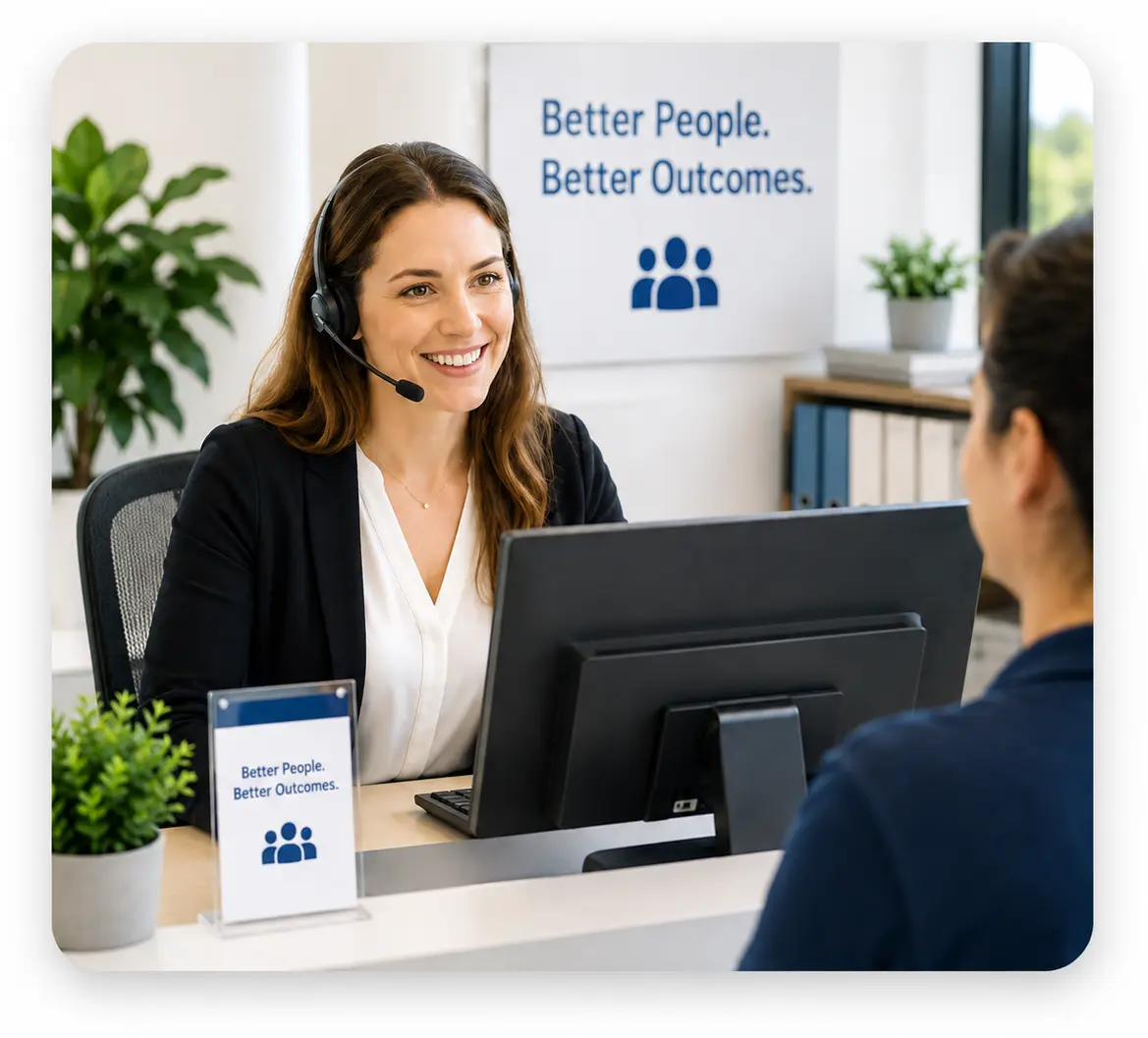 Front Desk Or Call Center Employee Smiling Mid Conversation With A Customer Headset On Clean Workspace Customer service reliability test for applicants measuring dependability and turnover risk