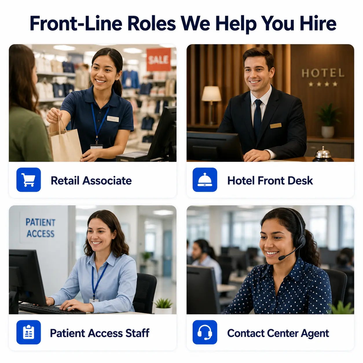 Grid Of Four Front Line Workers Retail Associate Hotel Front Desk Patient Access Staff Contact Center Agent Front-line customer facing jobs that use a customer service reliability test before hiring