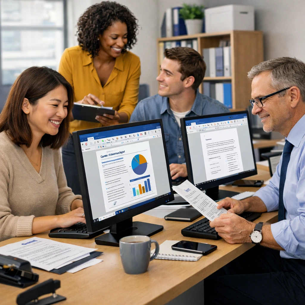 Group Of Entry Level Office Employees | EmployTest Group of entry-level office employees representing roles suited for the online aptitude test for employment, including administrative and customer service staff