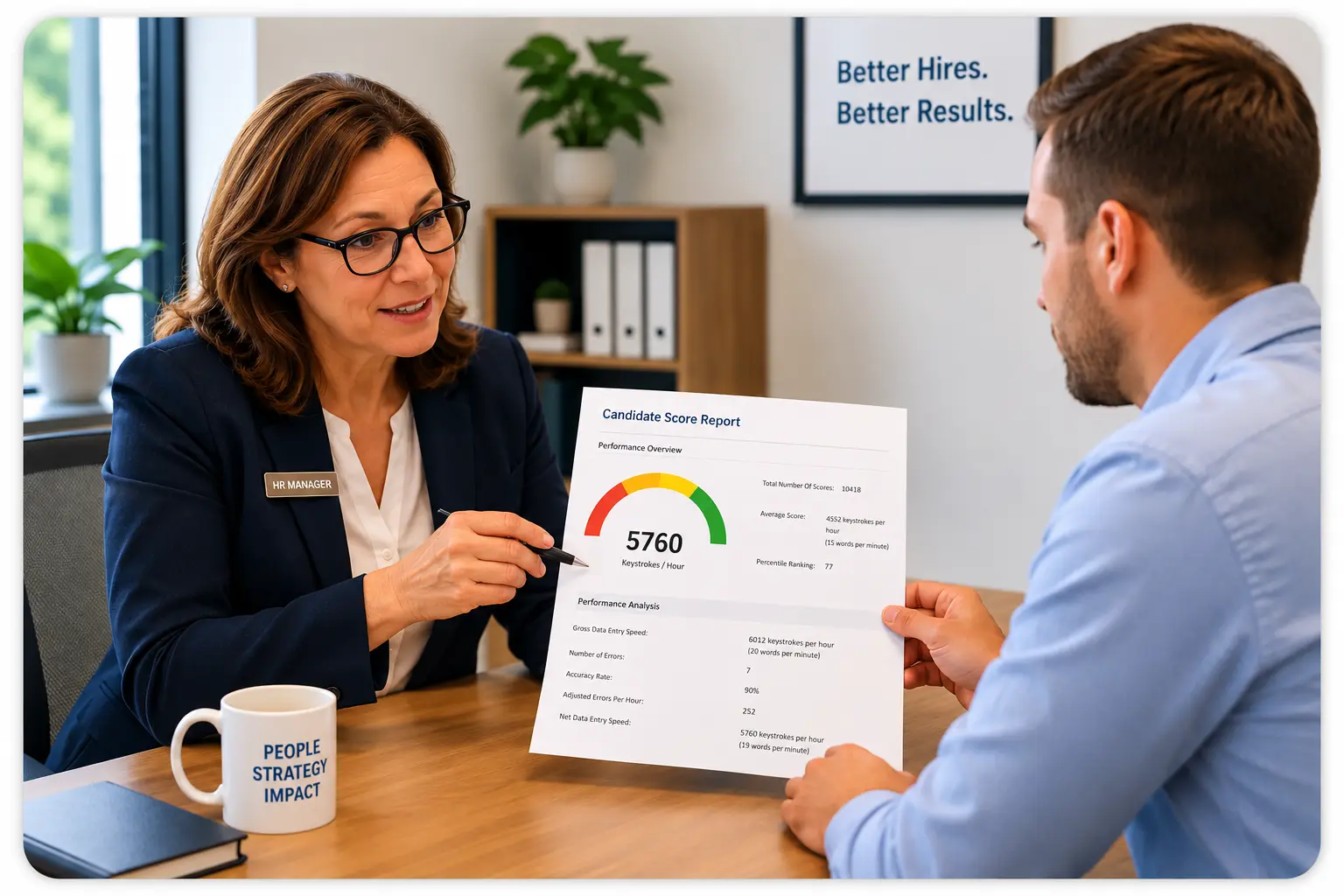 HR Manager With Her Assistant Reviewing Candidate Score Report | EmployTest Hiring manager discussing data entry test results before an interview