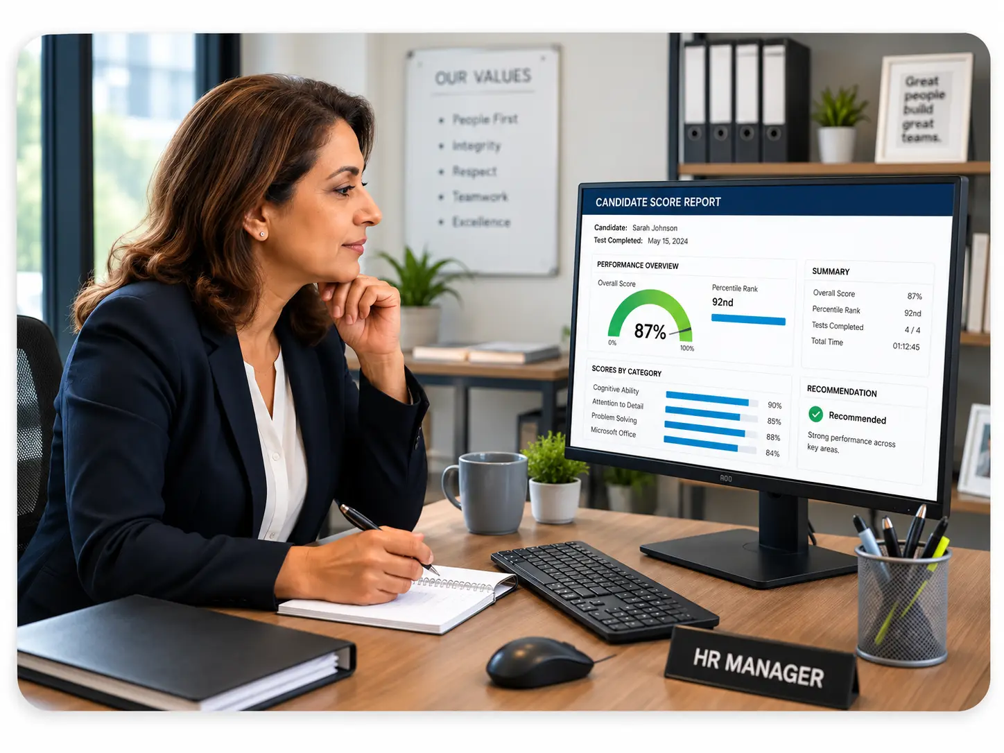 Hr Manager Reviewing A Candidate Report On Her Computer | EmployTest HR manager reviewing Office Manager Test results on EmployTest dashboard.