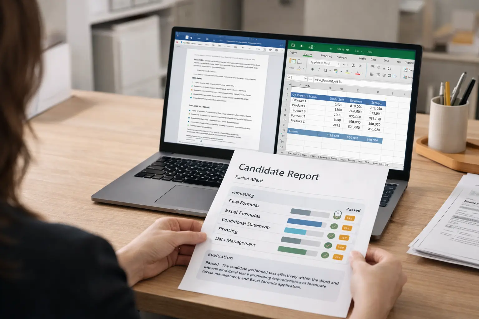 HR Manager Reviewing Candidate Performance Report Hiring manager reviewing Word and Excel test results with Microsoft Office documents open on laptop, showing candidate performance report.