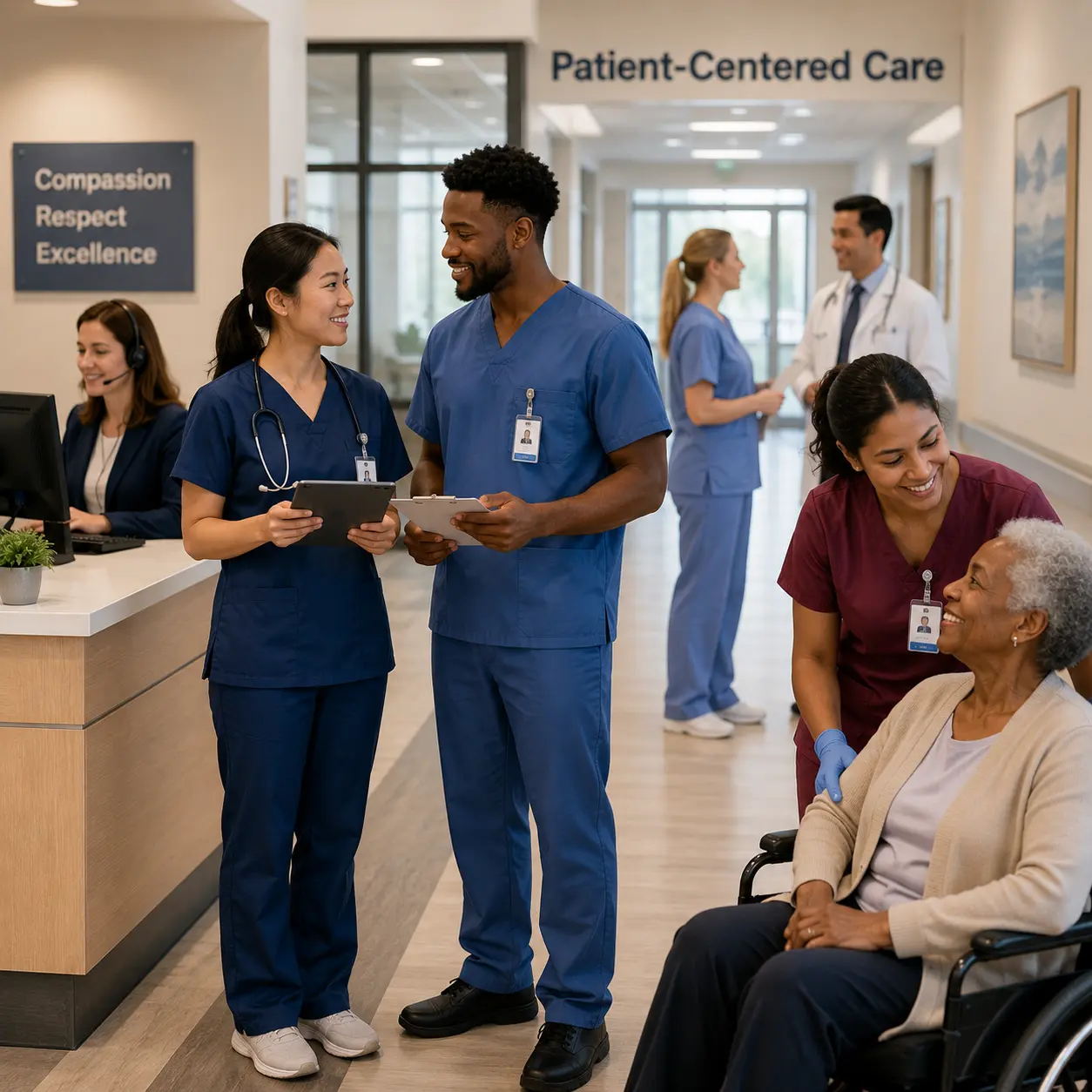 Healthcare Teamwork In A Welcoming Clinic Healthcare roles that benefit from behavioral pre-employment assessment including CNAs, home health aides, and medical assistants.