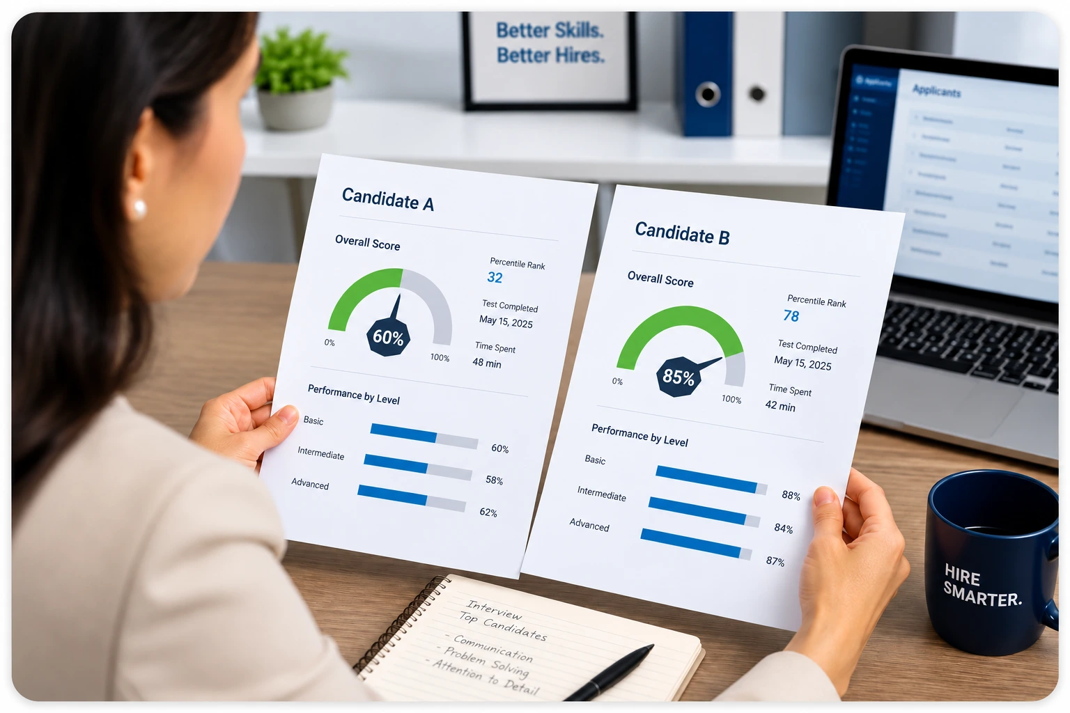 Hiring Manager Comparing Candidate Assessment Scores | EmployTest Comparing payroll knowledge assessment scores across candidates