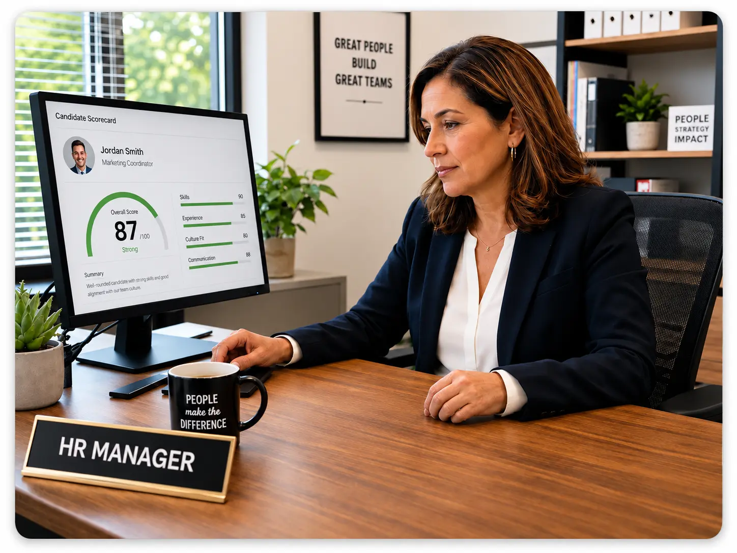 Hiring Manager Reviewing Candidate Scorecard | EmployTest Hiring manager comparing candidate scores before making a hiring decision