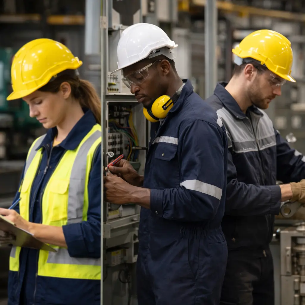 Industrial Workers In Action Diverse team of industrial workers in hard hats and safety gear on a production floor