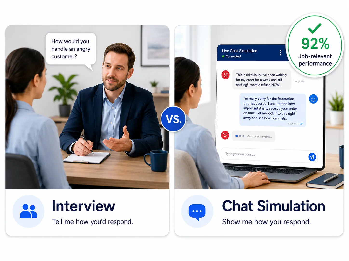 Interview Vs Chat Simulation Comparison | EmployTest Comparing interview claims to actual chat support skills test results