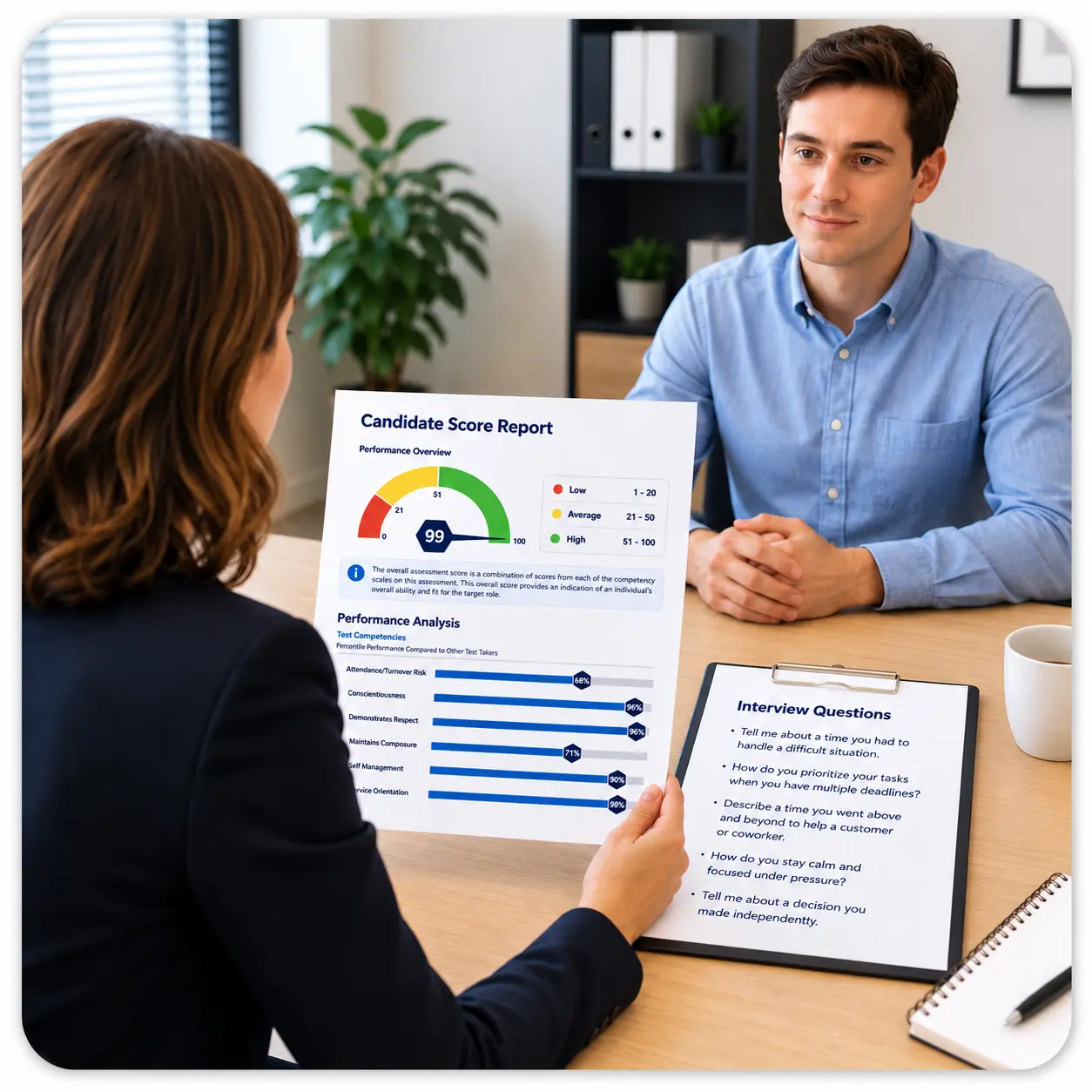 Interviewer At A Table With A Printed Score Report And Prepared Questions In Front Of Them Interviewer using follow-up suggestion questions from a customer service pre-employment assessment