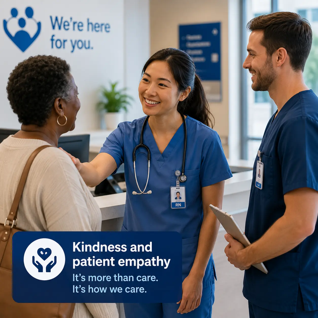 Kindness And Patient Empathy In Care Friendly healthcare worker in blue scrubs warmly greeting an elderly patient at a care facility reception desk while a colleague stands nearby smiling, representing kindness and patient empathy in a healthcare setting.