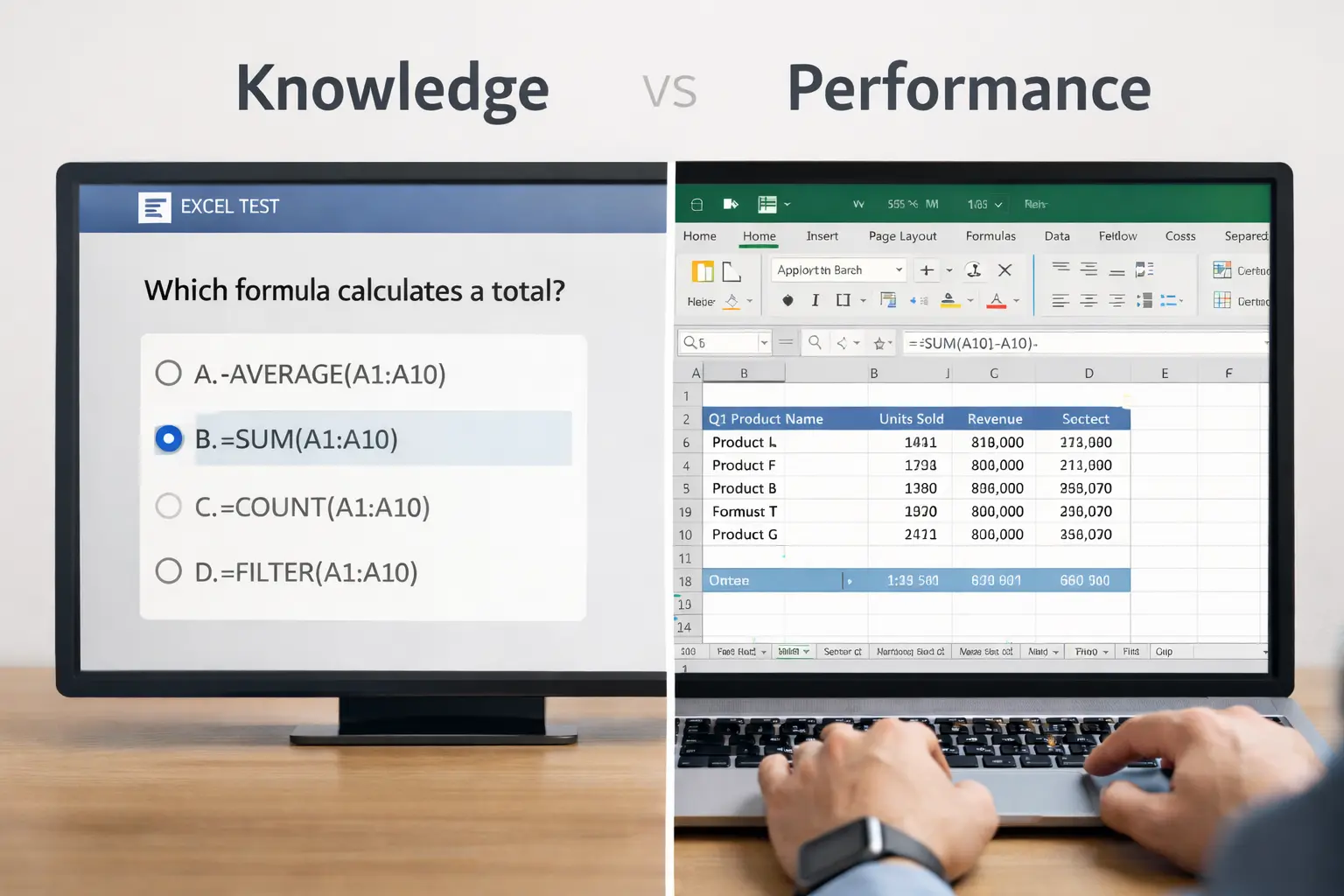 Knowledge Vs Performance In Excel Tests Comparison between multiple choice Excel test and real work-sample Office simulation.
