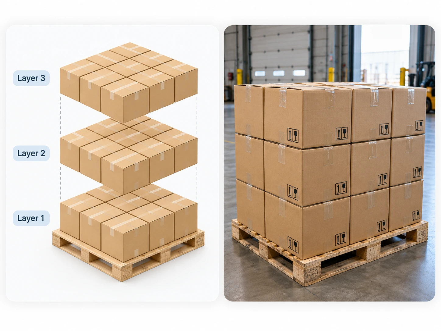 Layered Boxes Diagram To Warehouse Reality | EmployTest Two question formats on the Warehouse Counting Skills Test, a carton stack diagram and a photo of stacked boxes