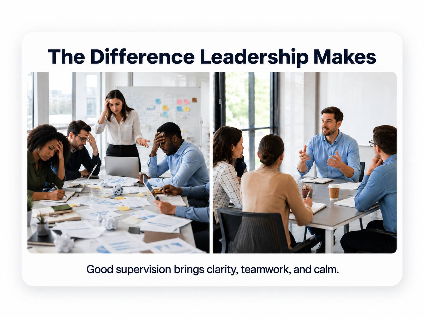 Leadership Brings Clarity And Calm In Workplace | EmployTest Comparison showing the impact of a strong supervisor hire versus an unprepared supervisor on team performance