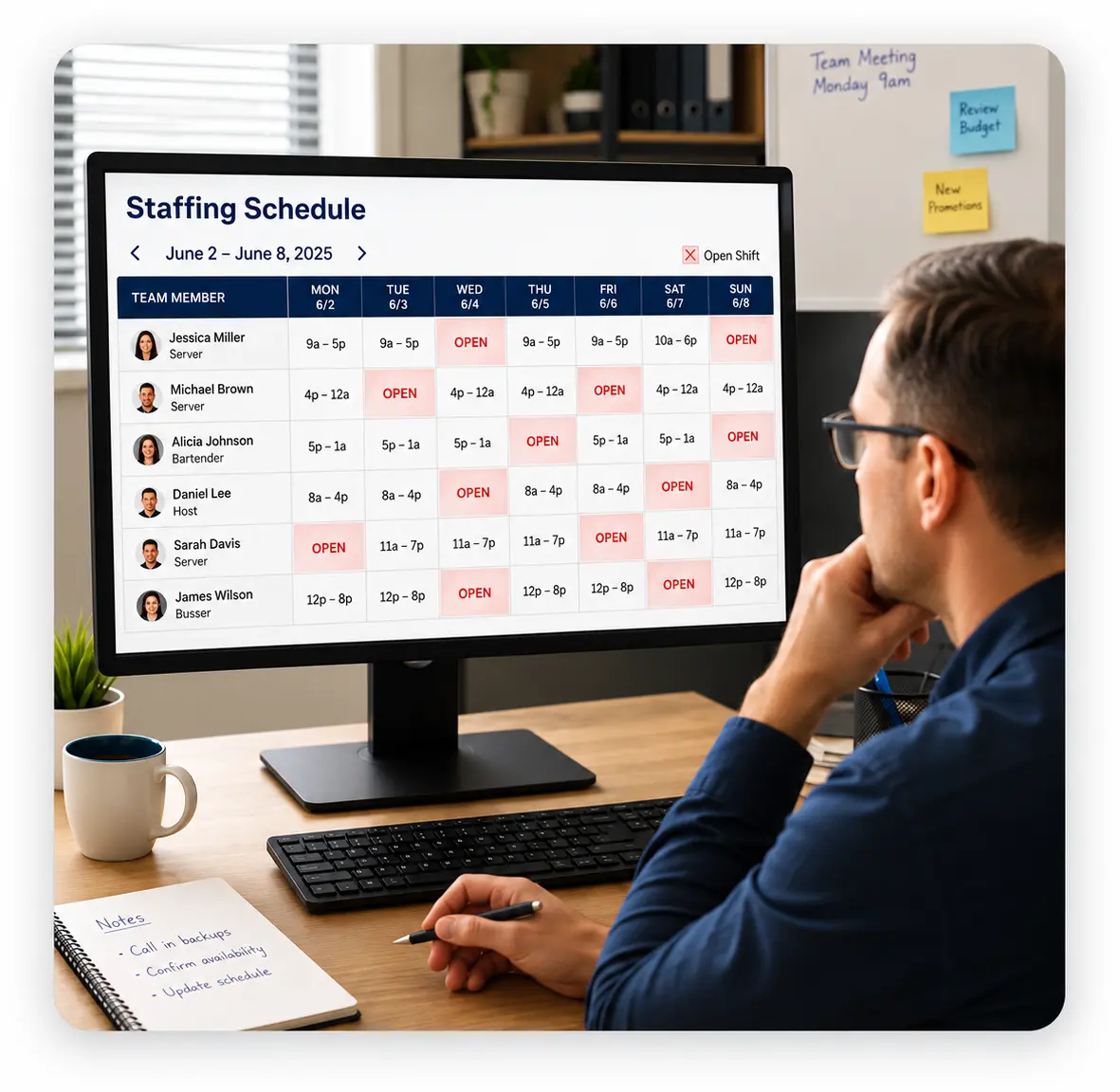Managing The Weekly Staffing Schedule Hiring manager reviewing open front-line shifts caused by customer service turnover