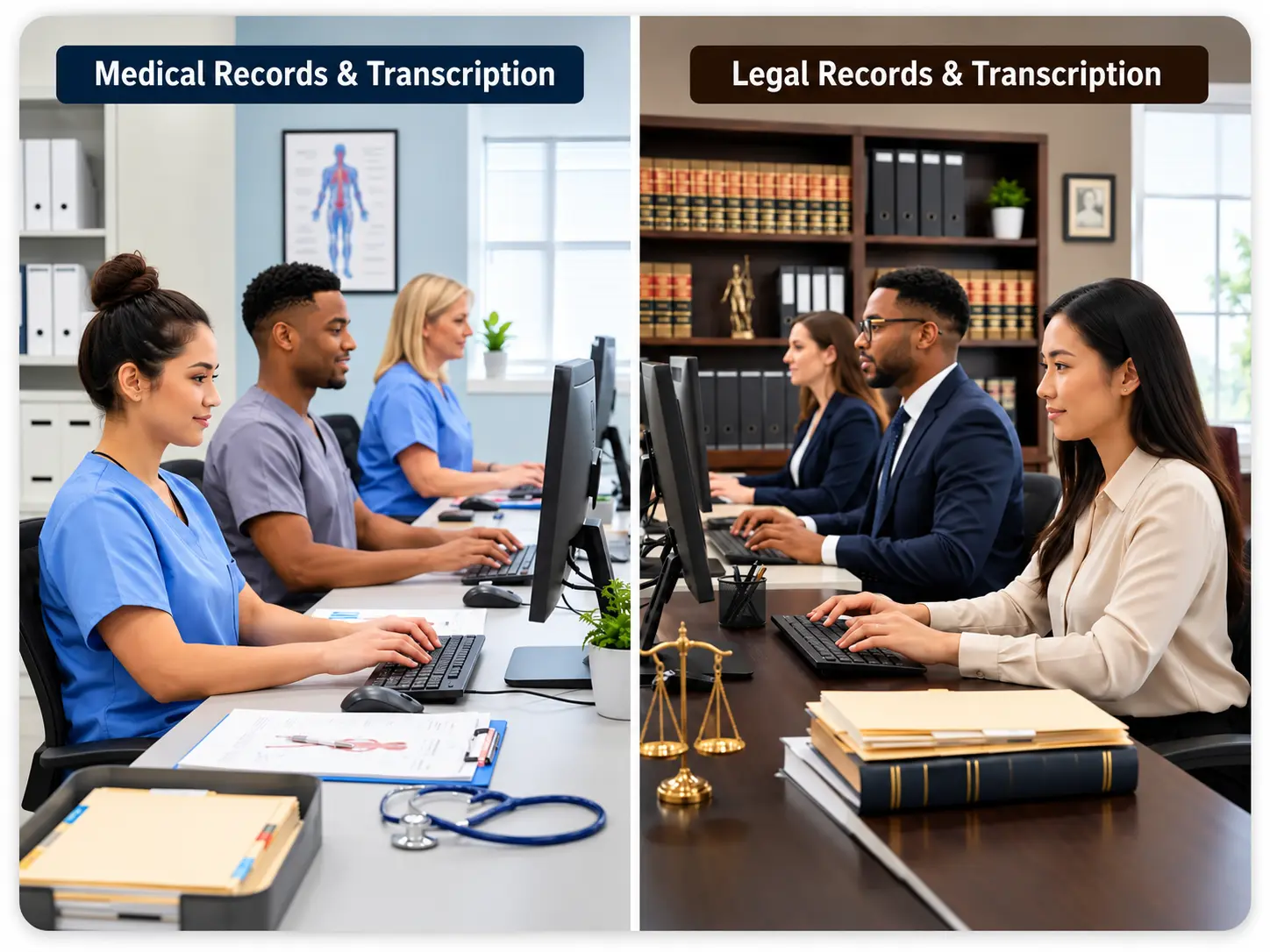 Medical And Legal Transcription Teams | EmployTest Call center and administrative staff working at computer stations