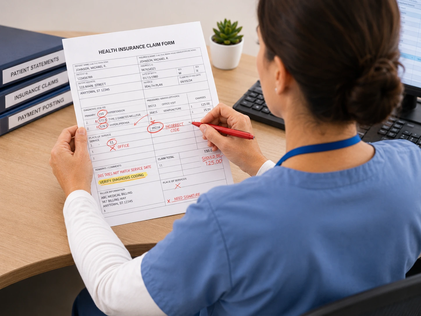 Medical Billing In Progress Billing specialist reviewing an insurance claim form for accuracy