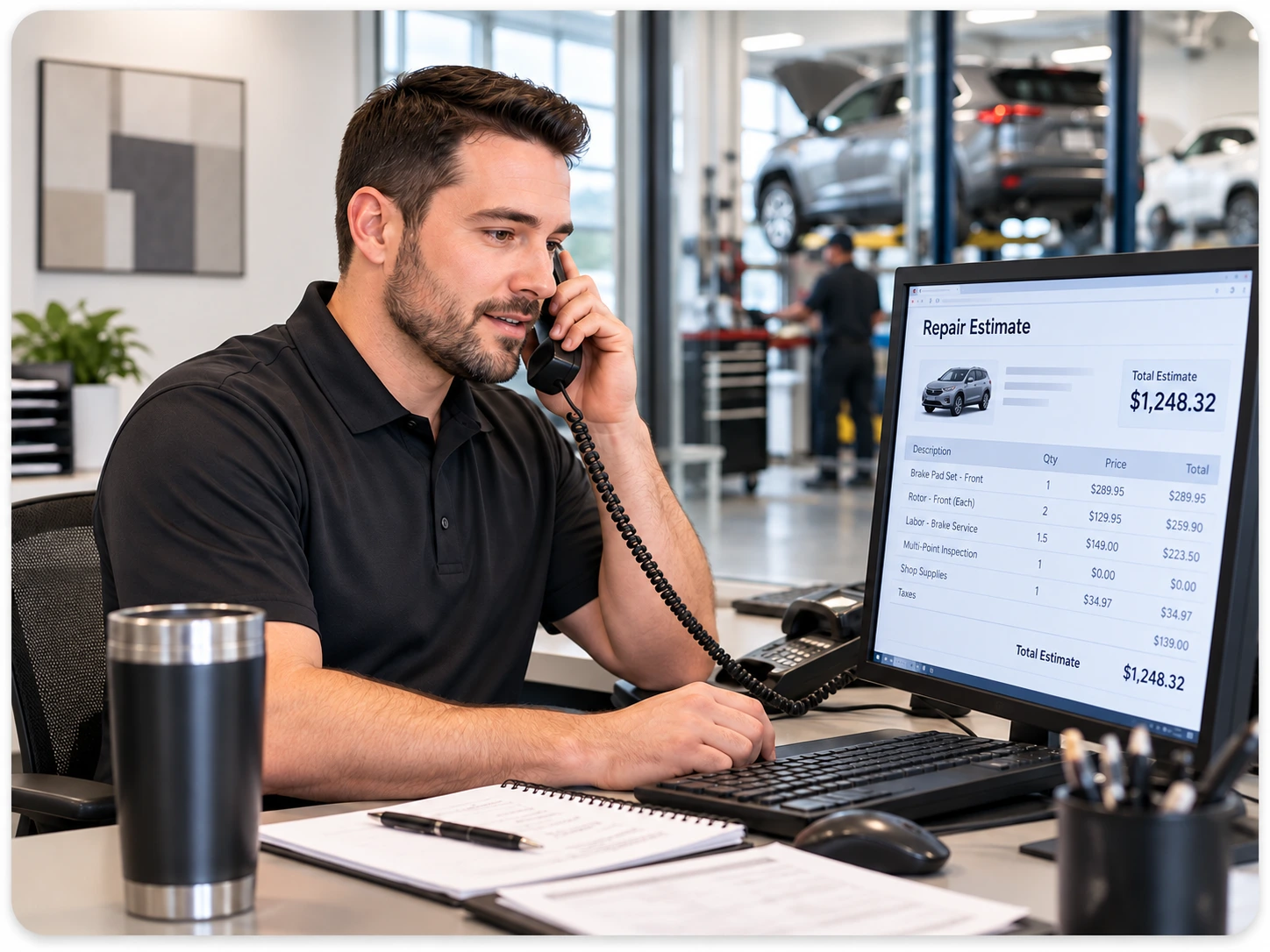 Modern Auto Service Estimate Desk | EmployTest Dependable service advisor calling a customer with a repair status update