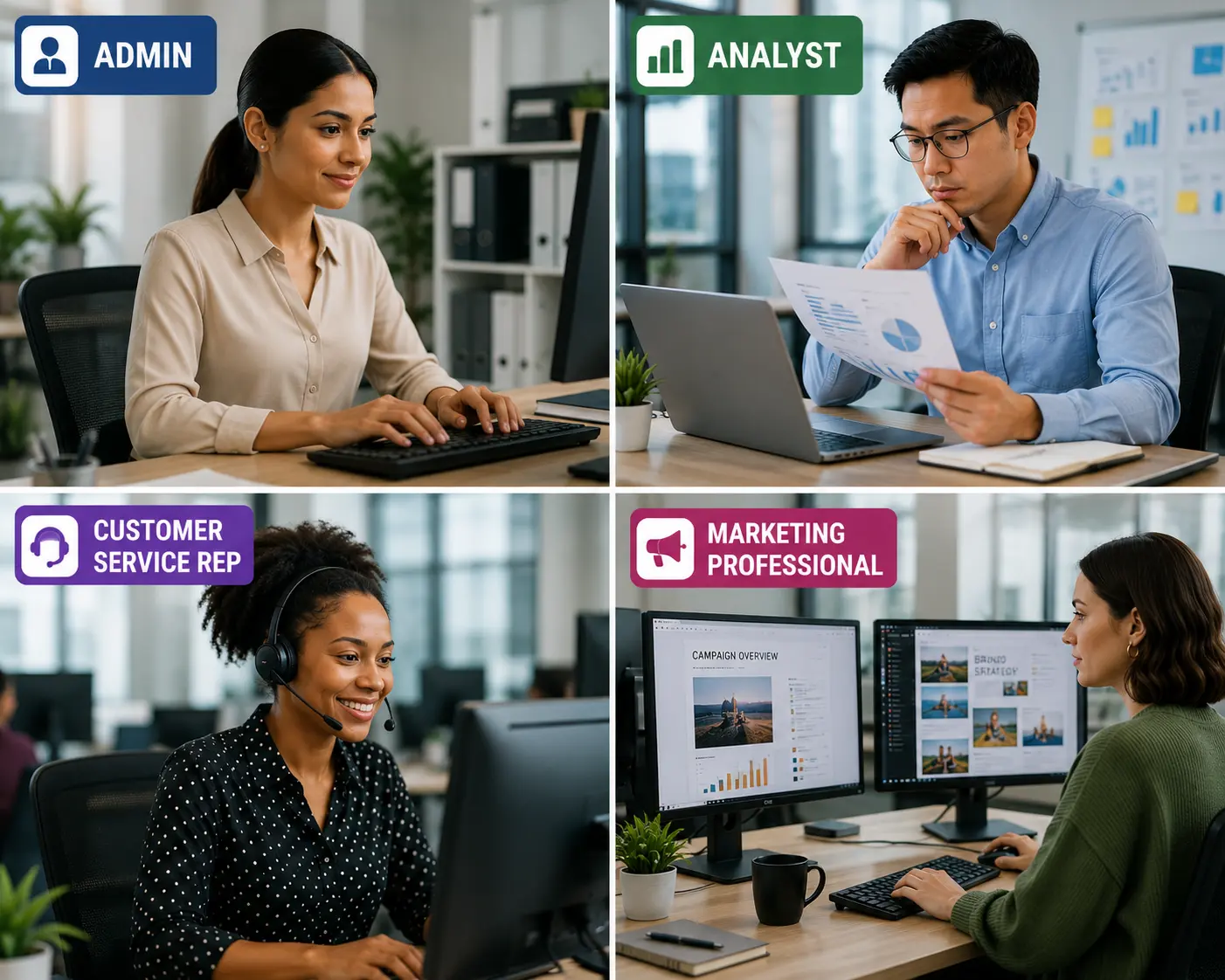 Modern Office Team In Action Administrative assistant and operations analyst using AI productivity tools in the workplace