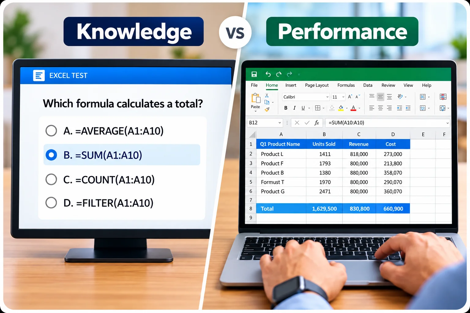 Knowledge Vs Performance Excel Comparison | EmployTest Comparison between multiple choice Excel test and real work-sample Office simulation.