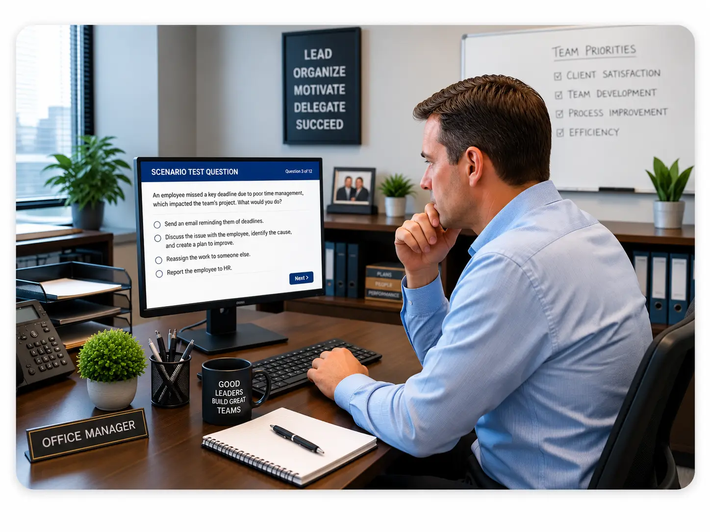 Office Manager Focused On Taking A Scenario Test | EmployTest Comparison showing why scenario-based testing predicts job performance better than traditional interview questions.