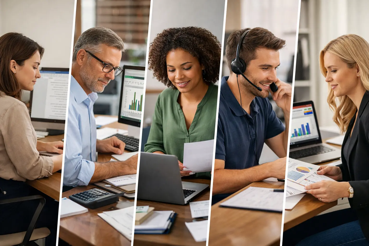 Office Professionals Using Word And Excel Tools Administrative assistant, accountant, and HR coordinator using Microsoft Word and Excel in office setting.