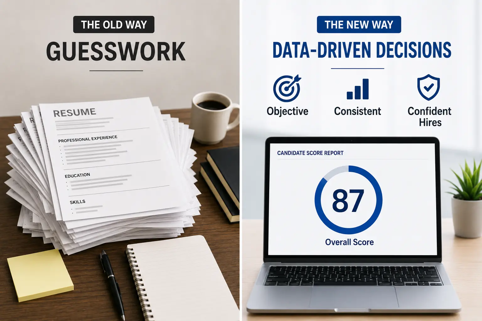 Old Vs New Hiring Methods A split image comparing paper resumes to AI skills assessment score report for hiring
