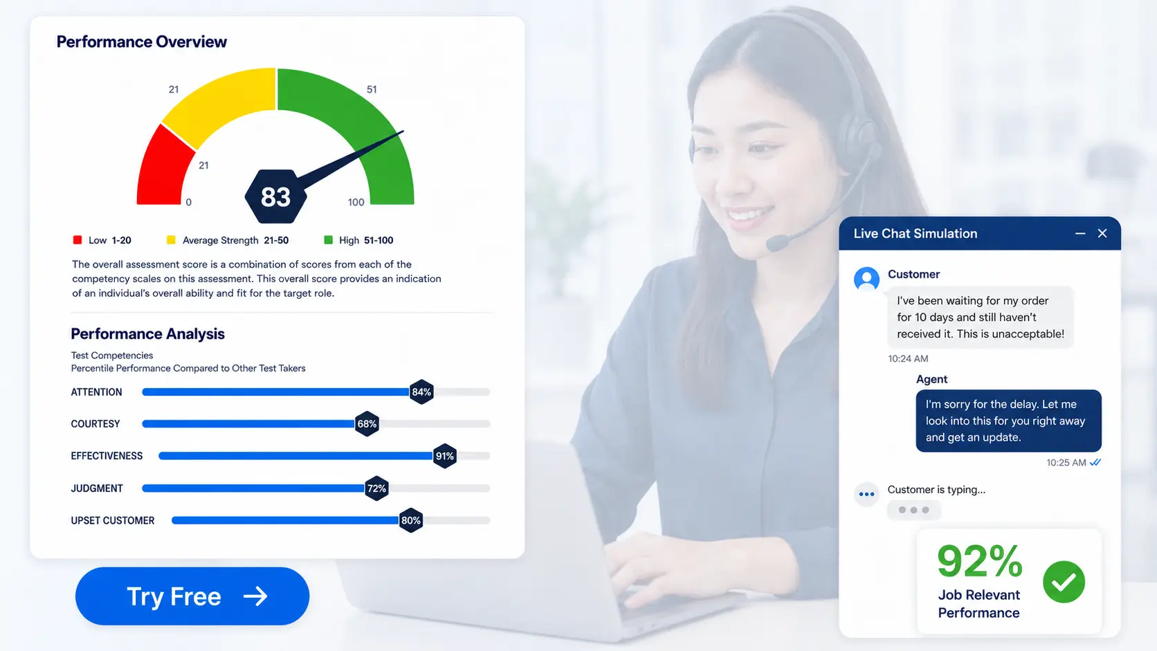 Performance Dashboard With Live Chat Simulation | EmployTest Free mock chat test sample score report preview for the Chat Support Assessment Test