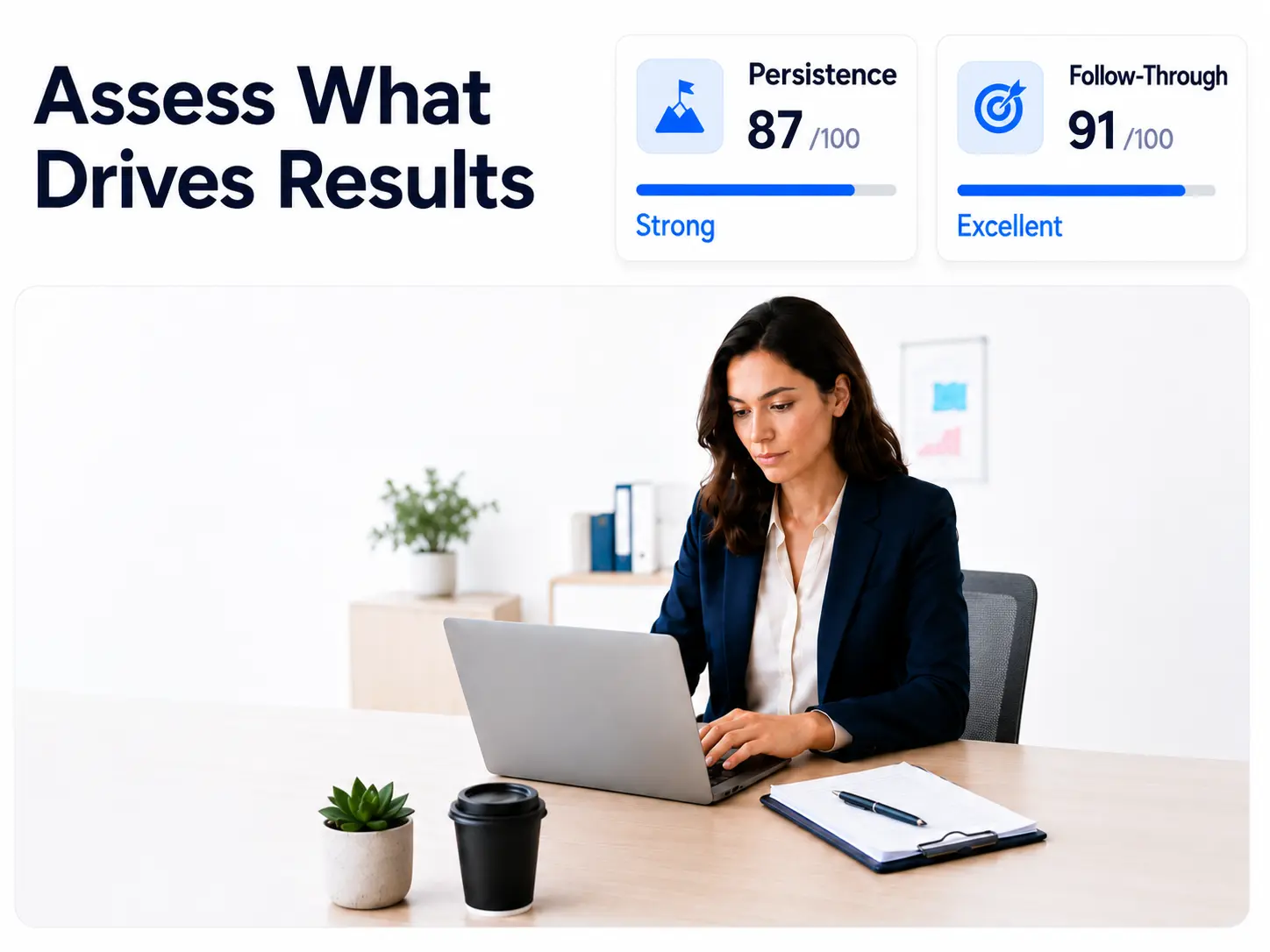 Performance Dashboard With Productivity Challenges | EmployTest Employee handling a stalled project and high-pressure shift, with persistence and follow-through assessment scores.
