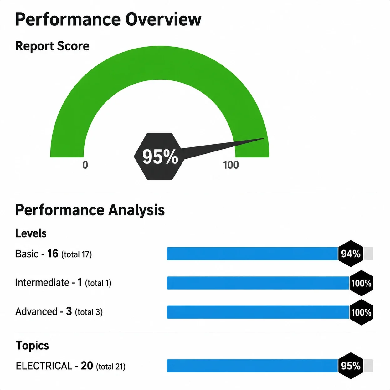 Performance Overview Score Report Sample electrical skills test score report showing a 95% report score with performance analysis by level and topic.