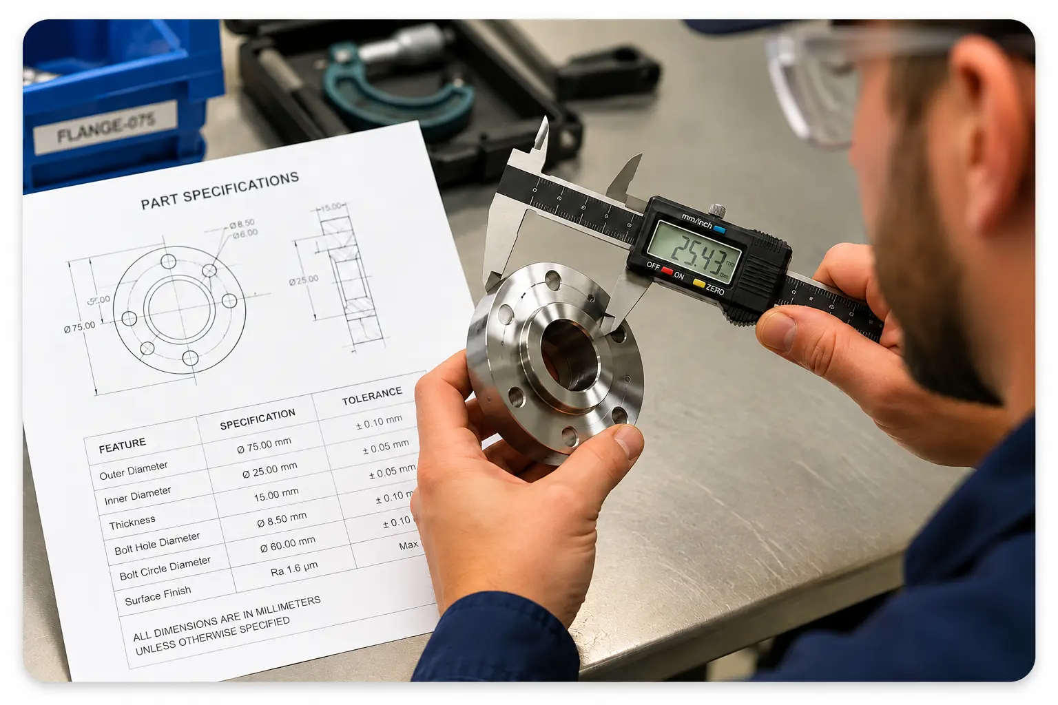 Precision Flange Inspection With Digital Caliper | EmployTest Manufacturing skills test measuring inspection, measurement, and spatial reasoning abilities